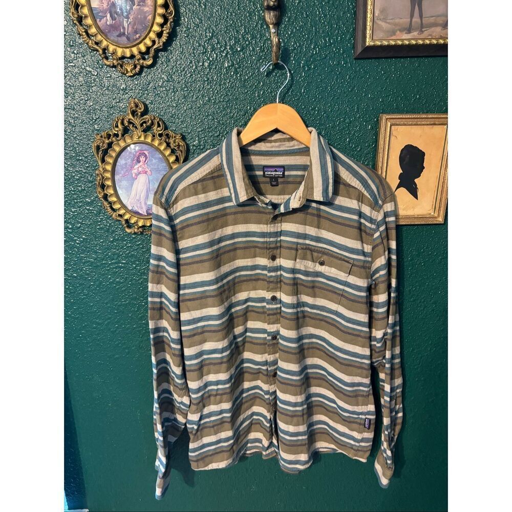 Patagonia Button Down Top Size Large Striped Brown Blue Organic Cotton